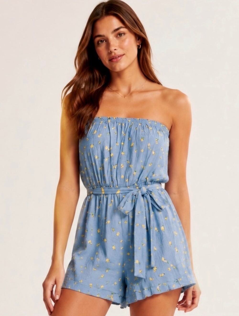 Hollister lemon print strapless romper blue